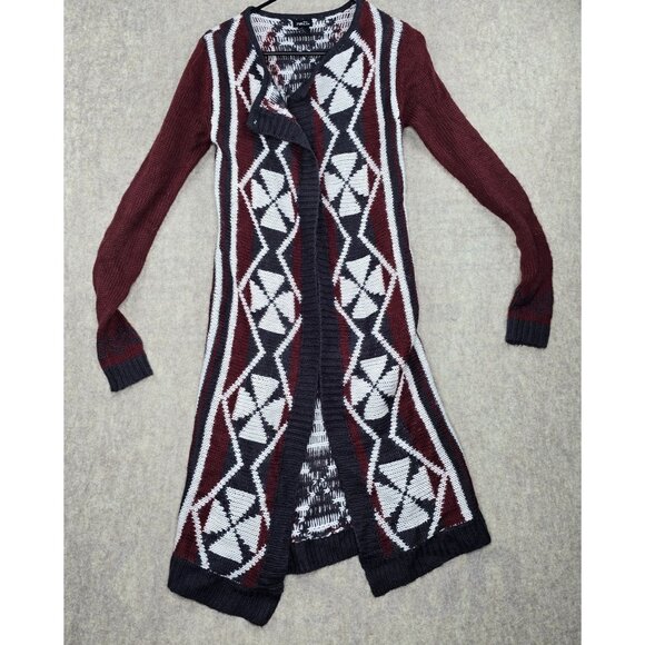 Rue21 Tribal Pattern Open Front Long Cardigan Burgundy Gray Acrylic Knit X-Small - Picture 1 of 6